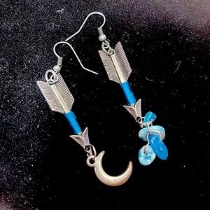 (2 for $20) Gun Metal Native Arrows w/ Crescent Moon & Genuine Blue Neon Apatite